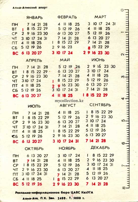 Календарик 1980 Алма-Атинский апорт